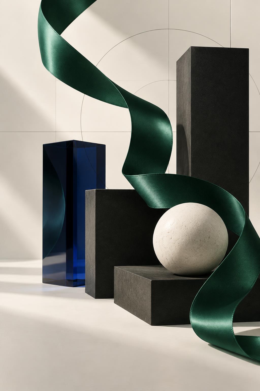 Emerald ribbon connecting sculptural forms in the Zalster brand palette